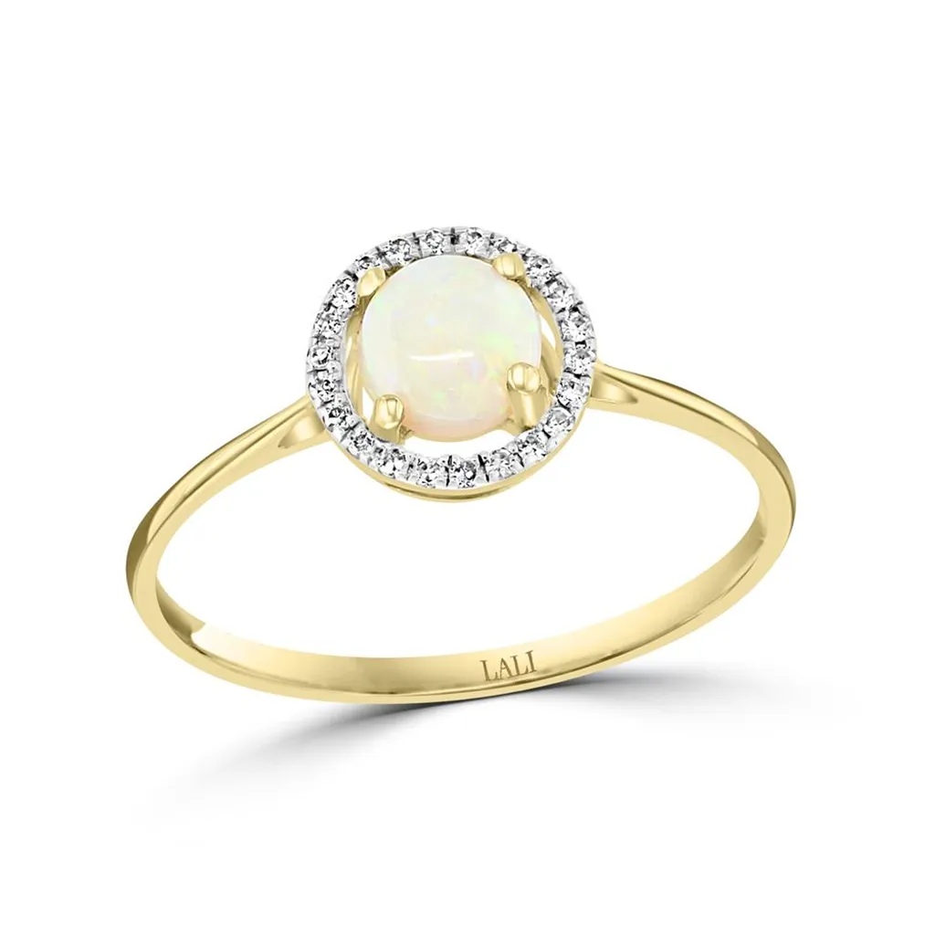October Birthstone: 14K Yellow Gold Diamond And Australian Opal Halo Ring
