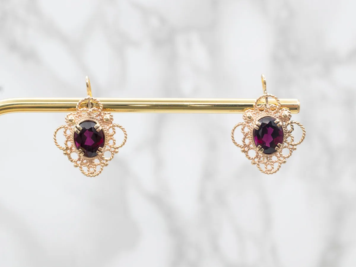 Ornate Gold Pyrope Garnet Filigree Drop Earrings