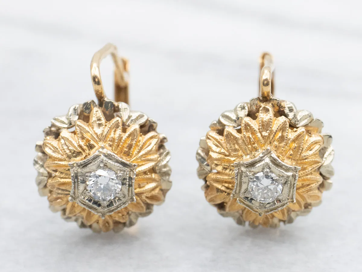 Ornate Vintage Two Tone Diamond Flower Drop Earrings