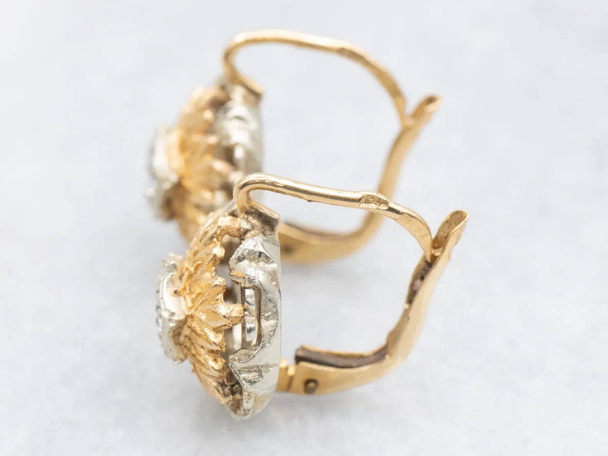 Ornate Vintage Two Tone Diamond Flower Drop Earrings
