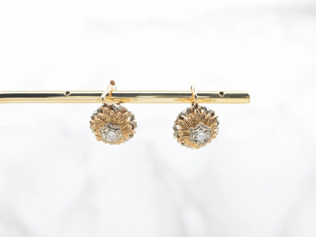 Ornate Vintage Two Tone Diamond Flower Drop Earrings