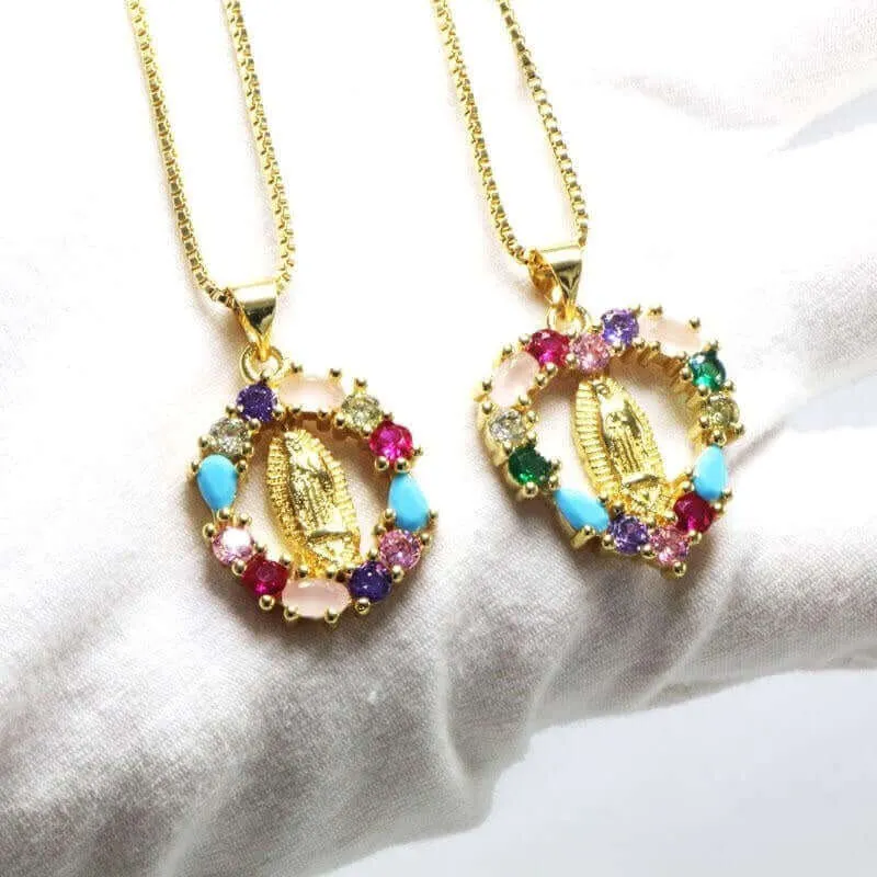 Oval Heart-shaped Colored Zirconia Virgin Mary Virgencita Necklace