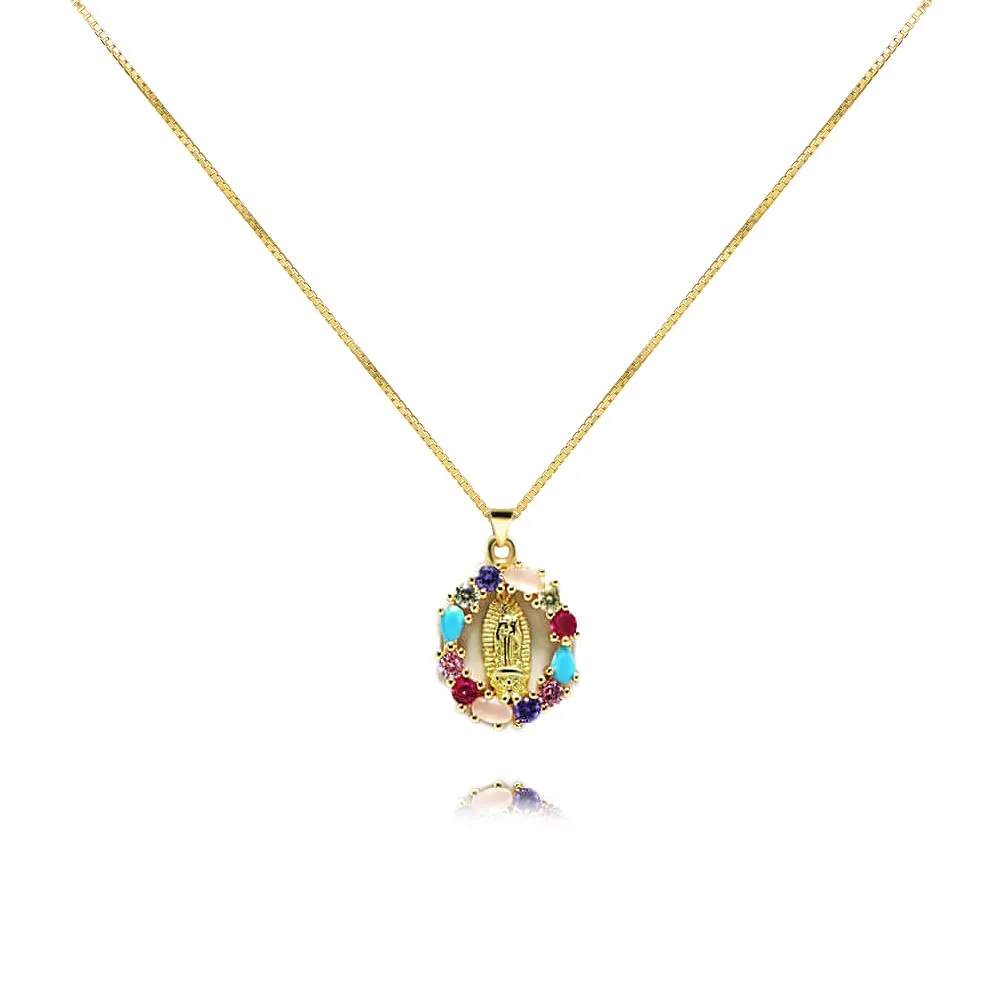 Oval Heart-shaped Colored Zirconia Virgin Mary Virgencita Necklace