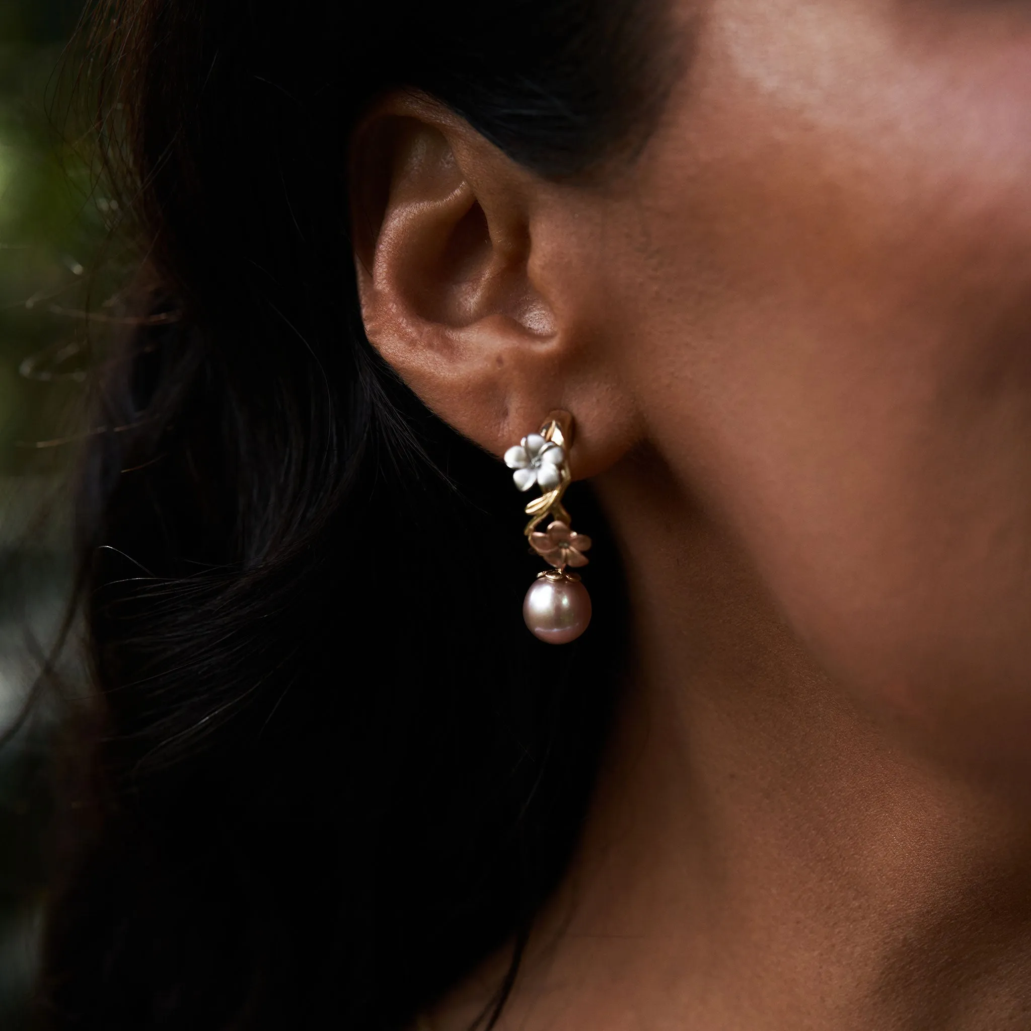 Pearls in Bloom Plumeria Lavender Freshwater Pearl Earrings in Tri Color Gold with Diamonds -23mm