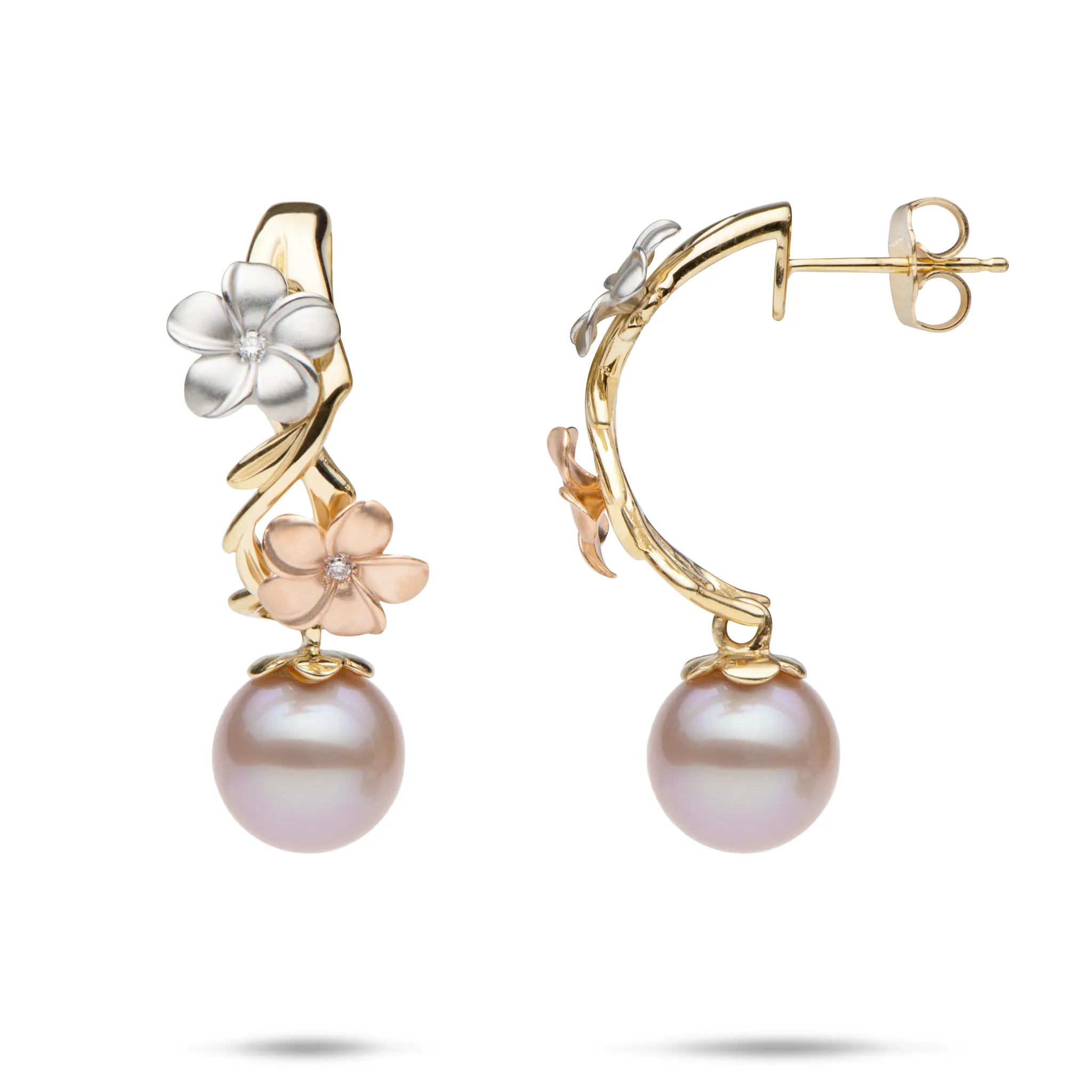 Pearls in Bloom Plumeria Lavender Freshwater Pearl Earrings in Tri Color Gold with Diamonds -23mm