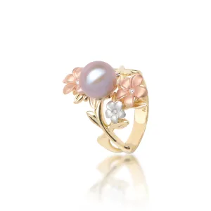 Pearls in Bloom Plumeria Lavender Freshwater Pearl Ring in Tri Color Gold with Diamonds - 22mm