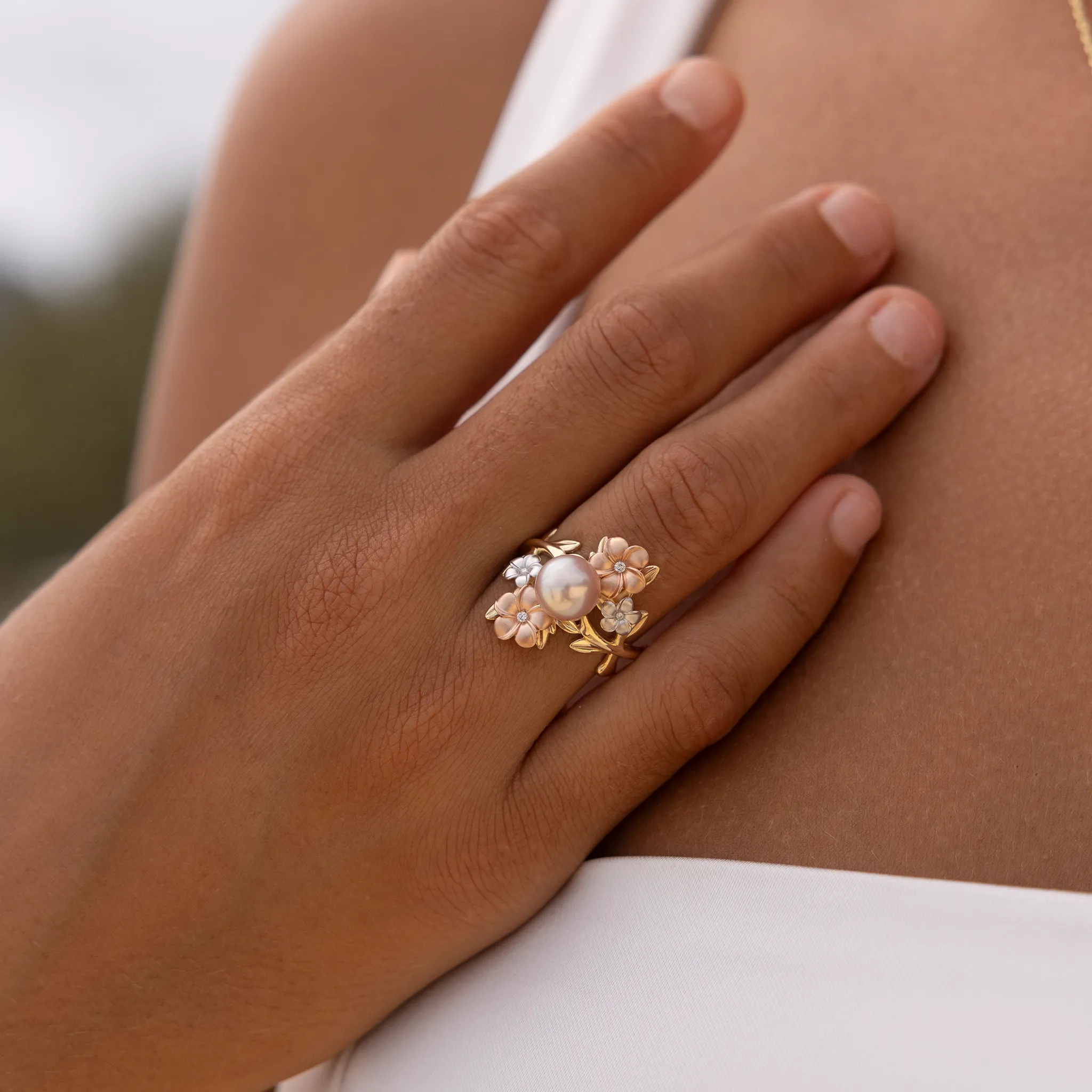 Pearls in Bloom Plumeria Lavender Freshwater Pearl Ring in Tri Color Gold with Diamonds - 22mm