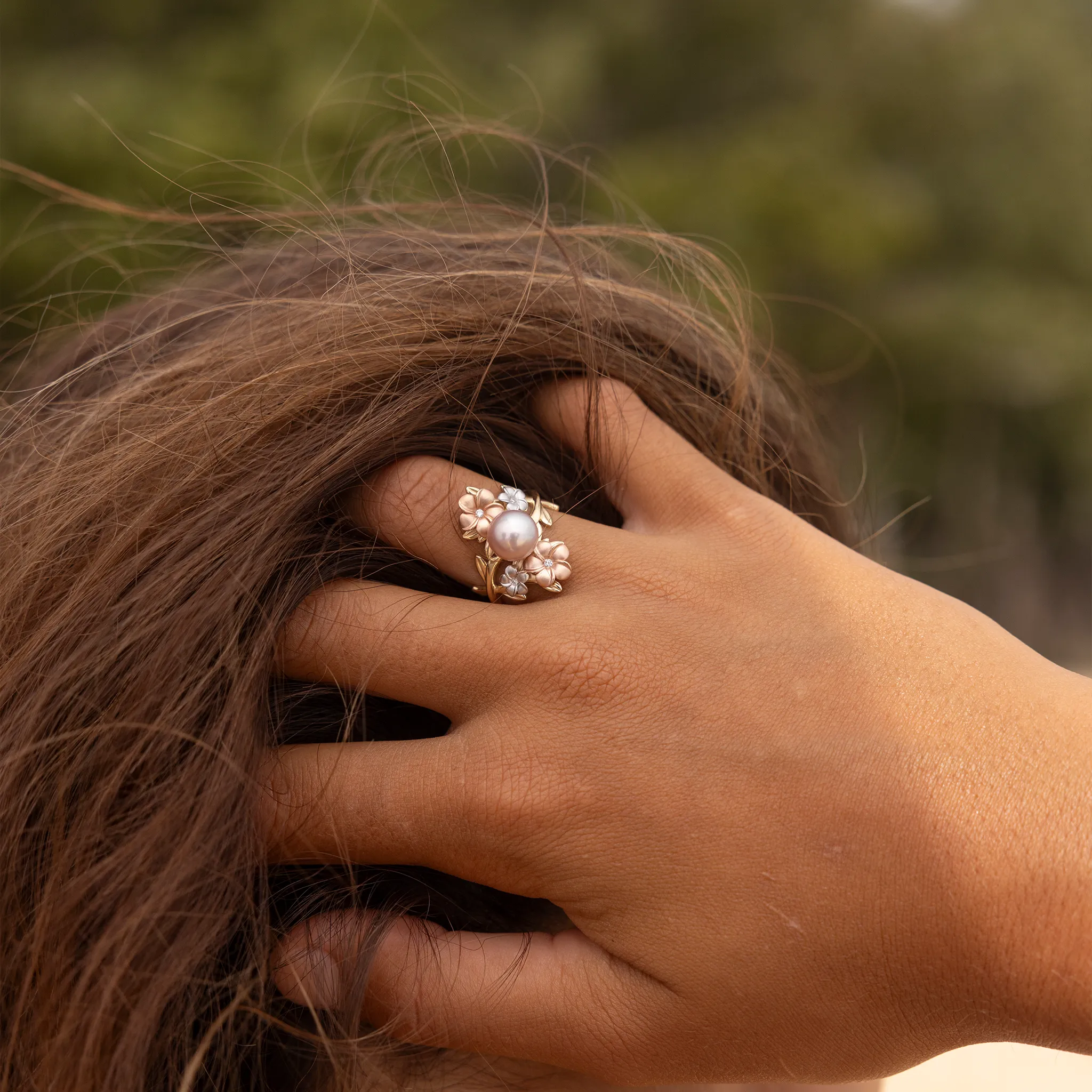 Pearls in Bloom Plumeria Lavender Freshwater Pearl Ring in Tri Color Gold with Diamonds - 22mm