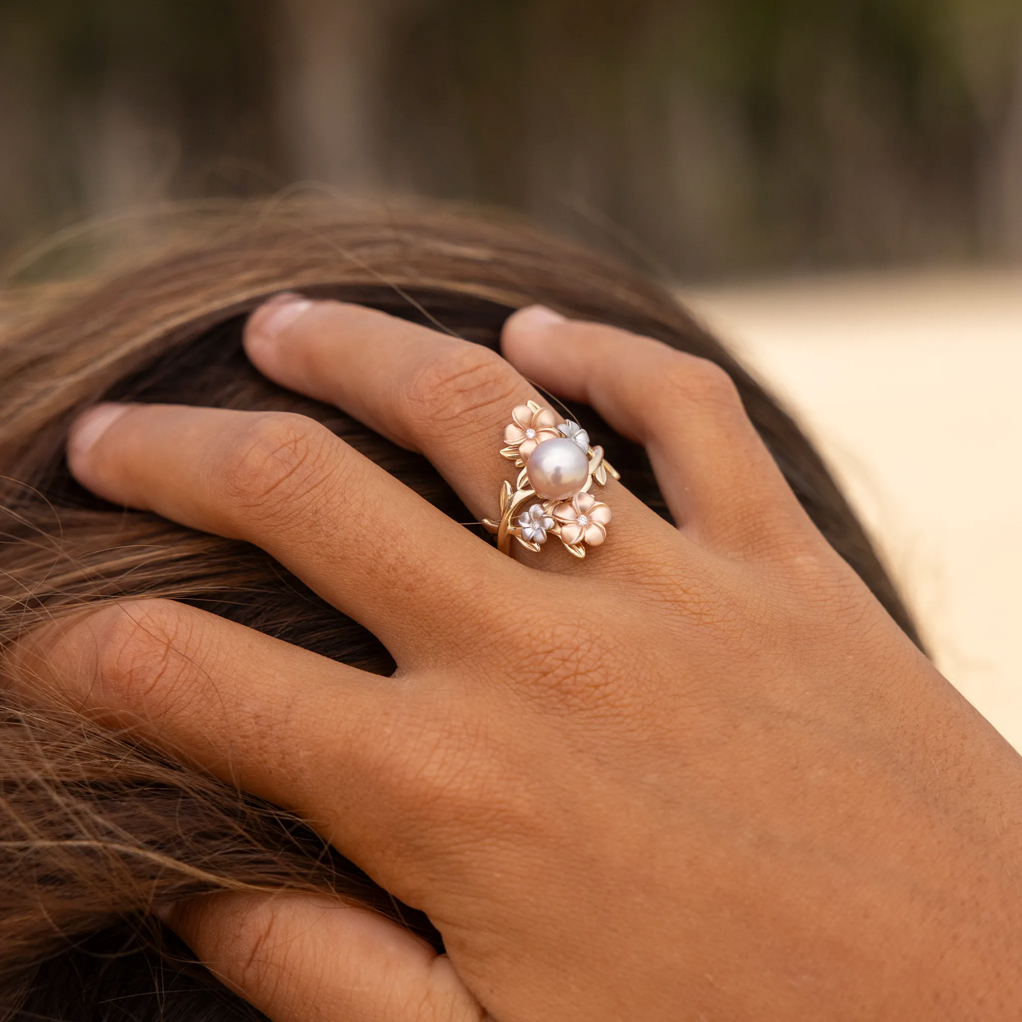 Pearls in Bloom Plumeria Lavender Freshwater Pearl Ring in Tri Color Gold with Diamonds - 22mm