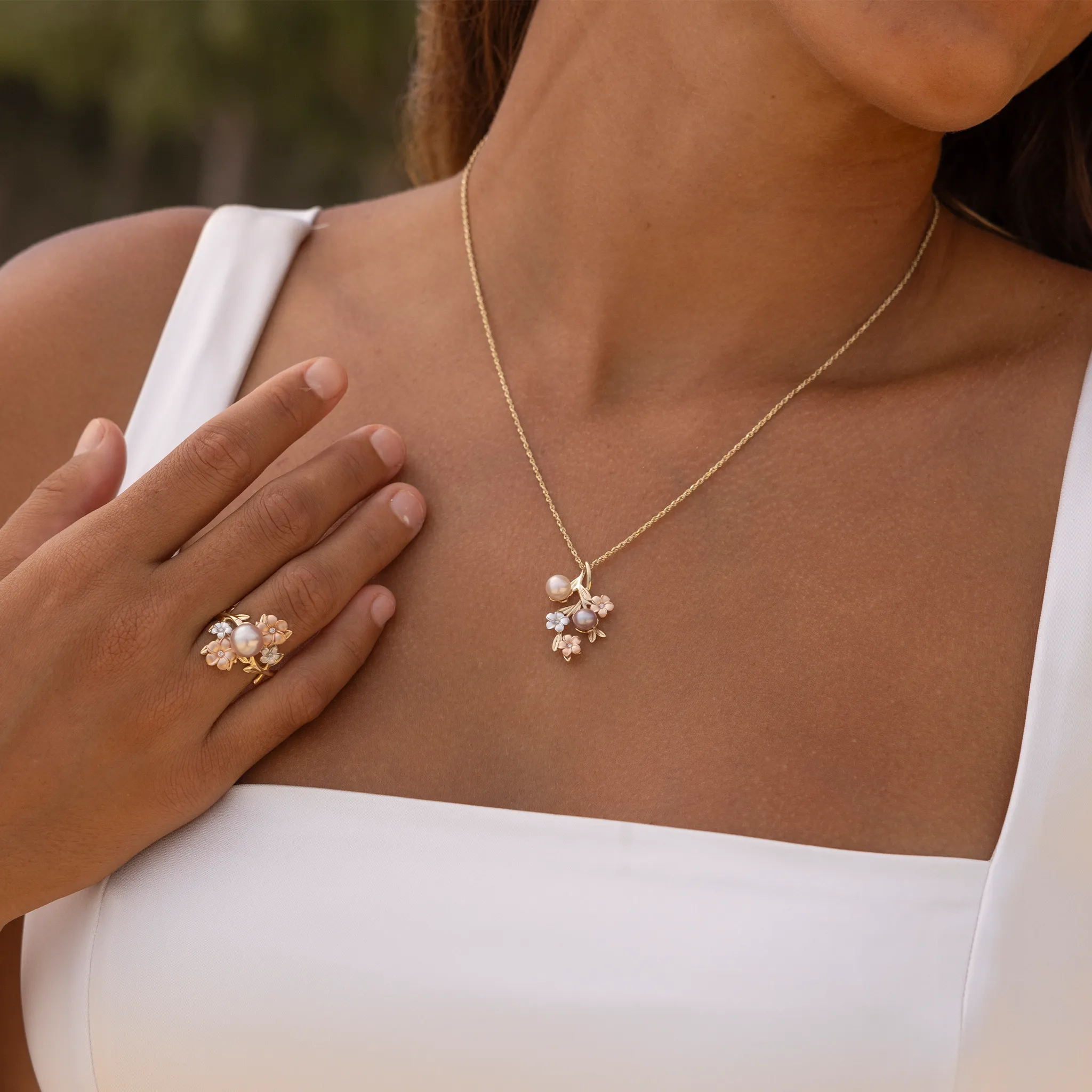 Pearls in Bloom Plumeria Lavender Freshwater Pearl Ring in Tri Color Gold with Diamonds - 22mm