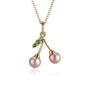 Pink Pearl & Tsavorite Cherry Pendant Necklace