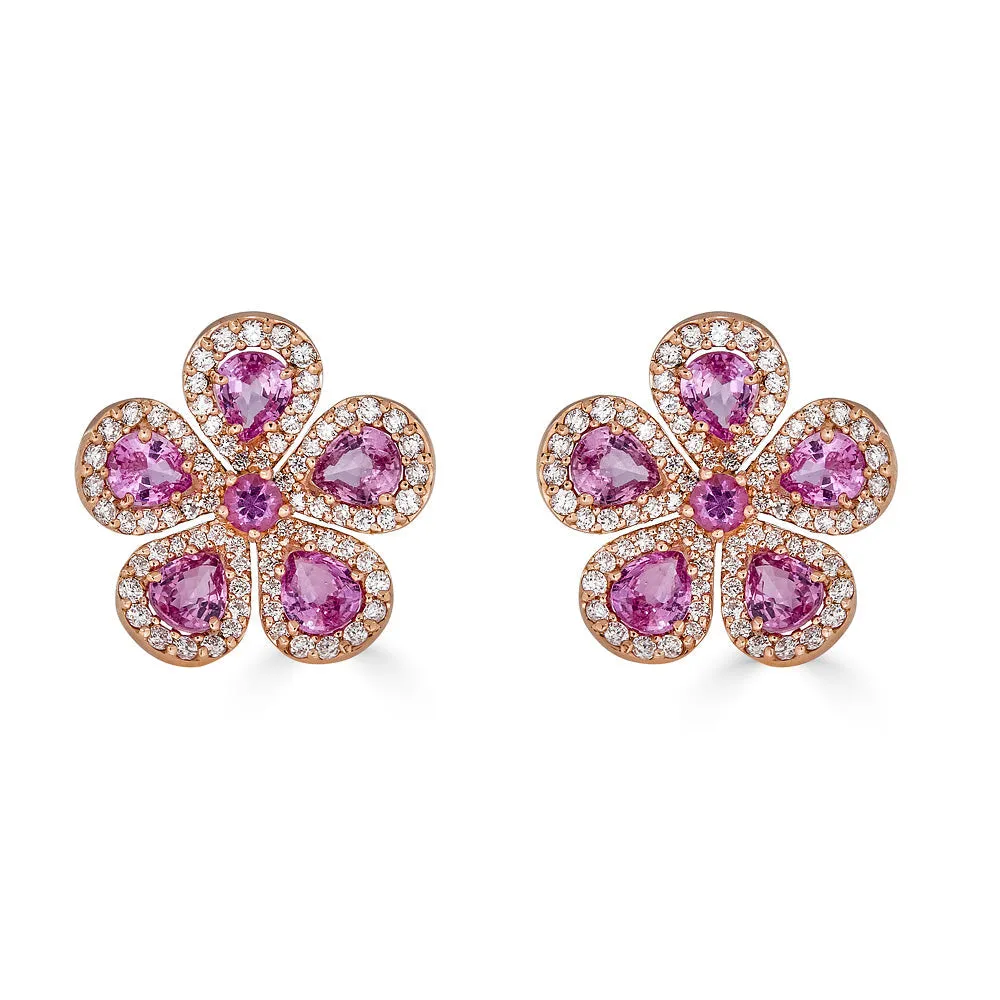Pink Sapphire & Diamond Classic Flower Earrings