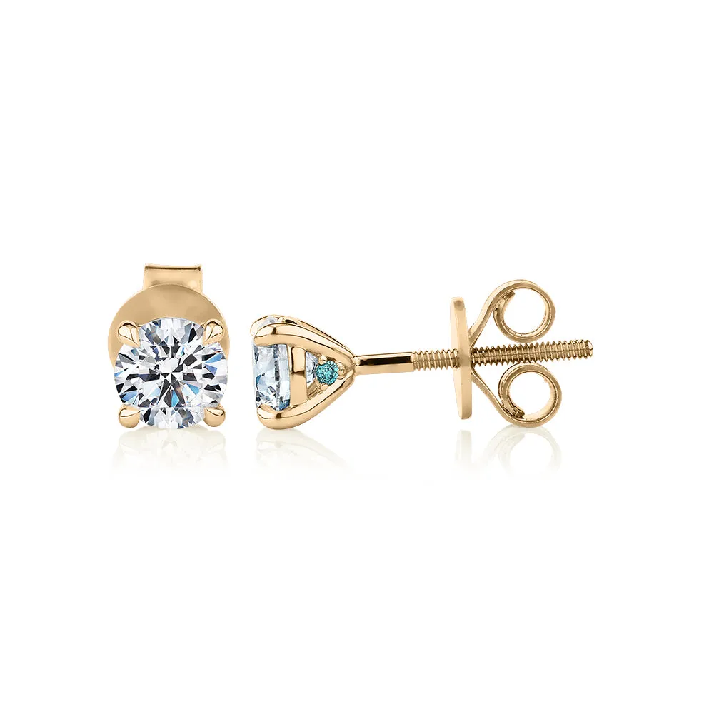 Premium Certified Lab-Grown Diamond, 1.00 carat TW round brilliant stud earrings in 14 carat yellow gold