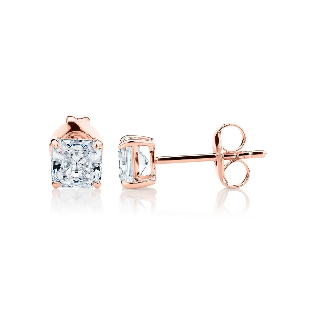 Princess Cut stud earrings with 1 carat* of diamond simulants in 10 carat rose gold