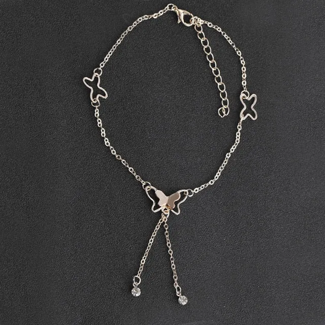 QCOOLJLY Butterfly Pendant Anklets Foot Chain Summer Yoga Beach Leg Bracelet Handmade Anklet Rose Gold Silver Color Jewelry
