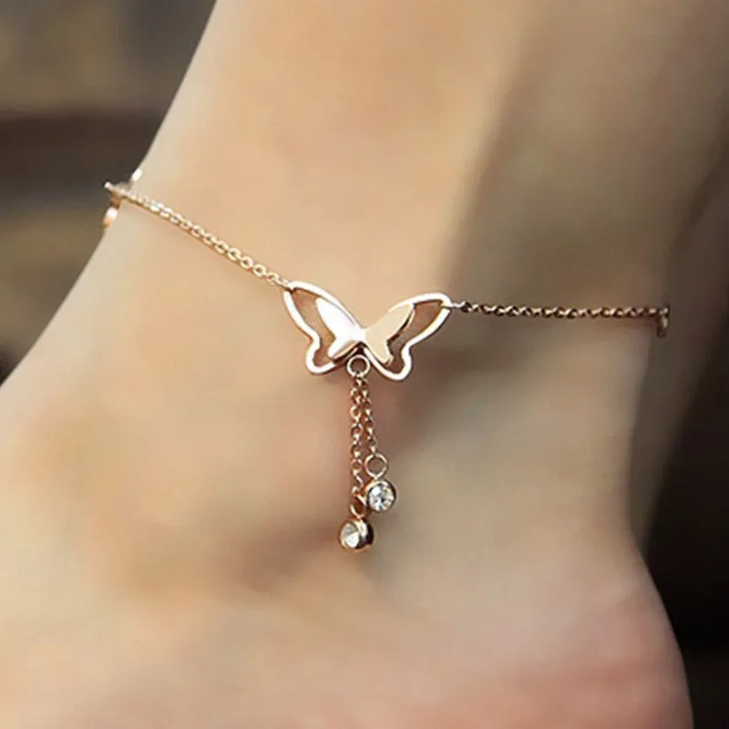 QCOOLJLY Butterfly Pendant Anklets Foot Chain Summer Yoga Beach Leg Bracelet Handmade Anklet Rose Gold Silver Color Jewelry