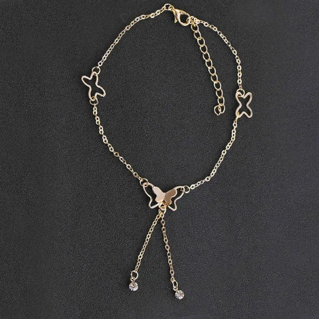 QCOOLJLY Butterfly Pendant Anklets Foot Chain Summer Yoga Beach Leg Bracelet Handmade Anklet Rose Gold Silver Color Jewelry