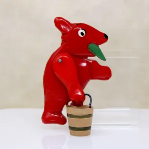Red Bakelite Bear Brooch with Wooden Bucket