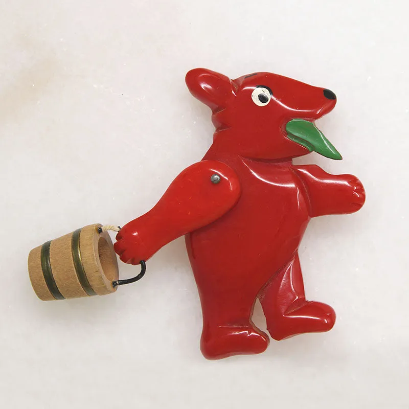 Red Bakelite Bear Brooch with Wooden Bucket