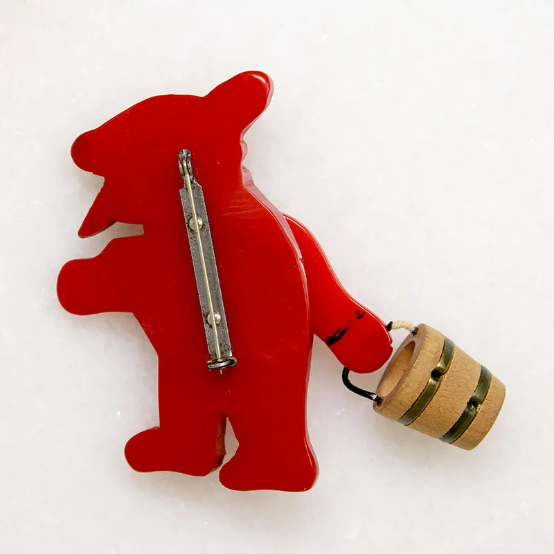 Red Bakelite Bear Brooch with Wooden Bucket