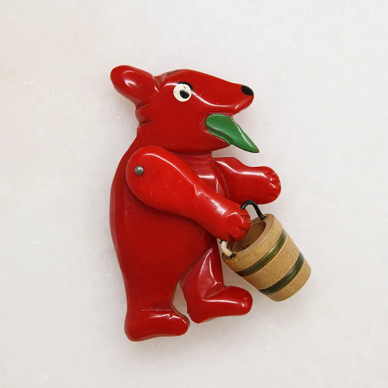 Red Bakelite Bear Brooch with Wooden Bucket