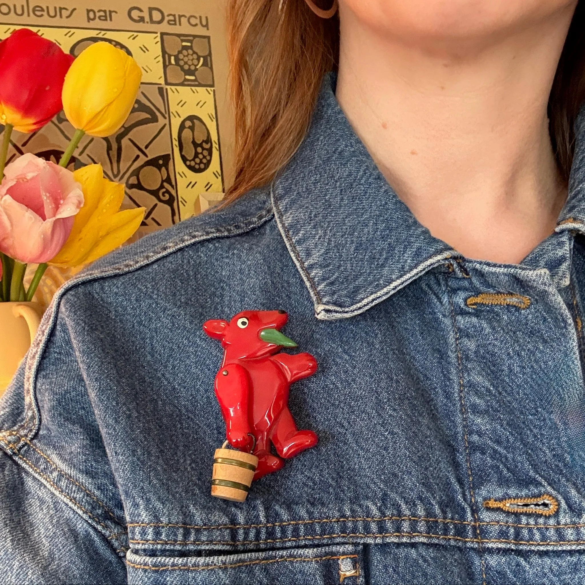 Red Bakelite Bear Brooch with Wooden Bucket