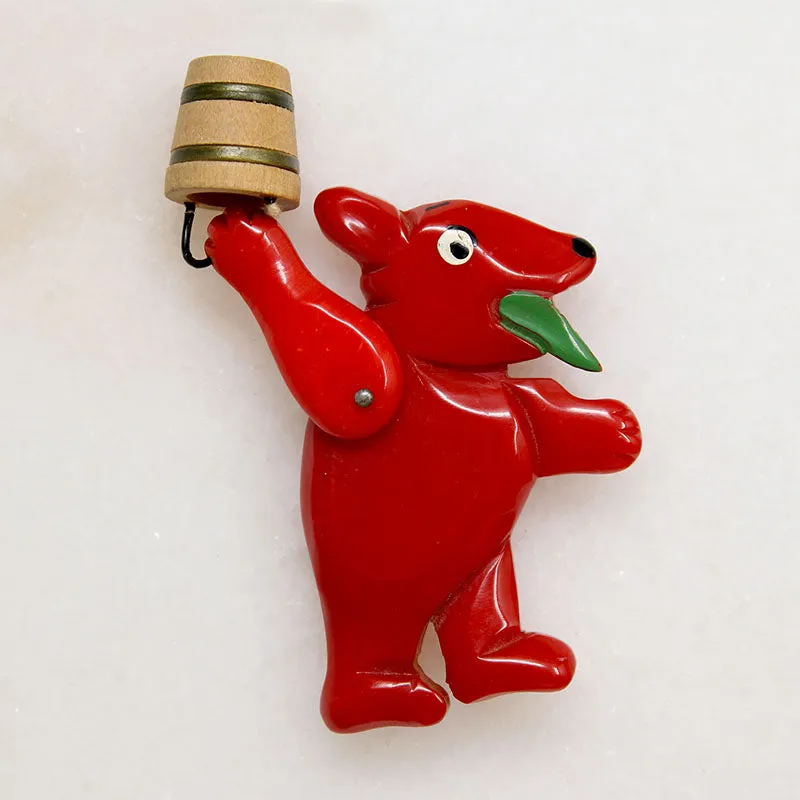 Red Bakelite Bear Brooch with Wooden Bucket