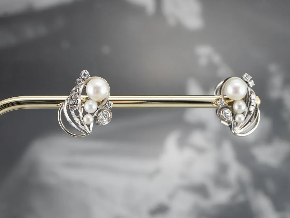 Retro Era Pearl and Diamond Stud Earrings