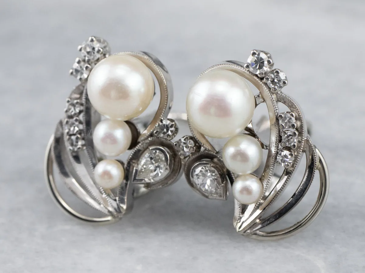 Retro Era Pearl and Diamond Stud Earrings
