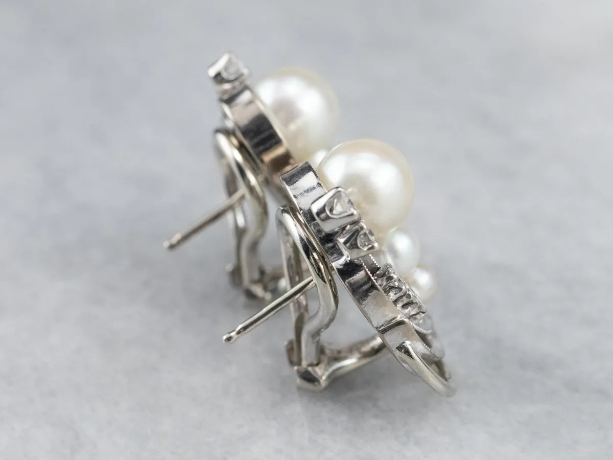 Retro Era Pearl and Diamond Stud Earrings