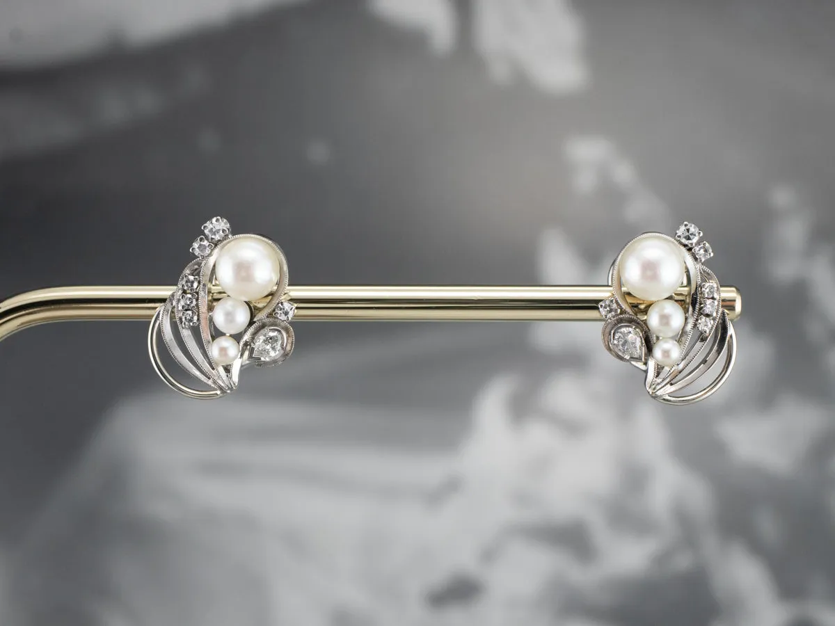 Retro Era Pearl and Diamond Stud Earrings