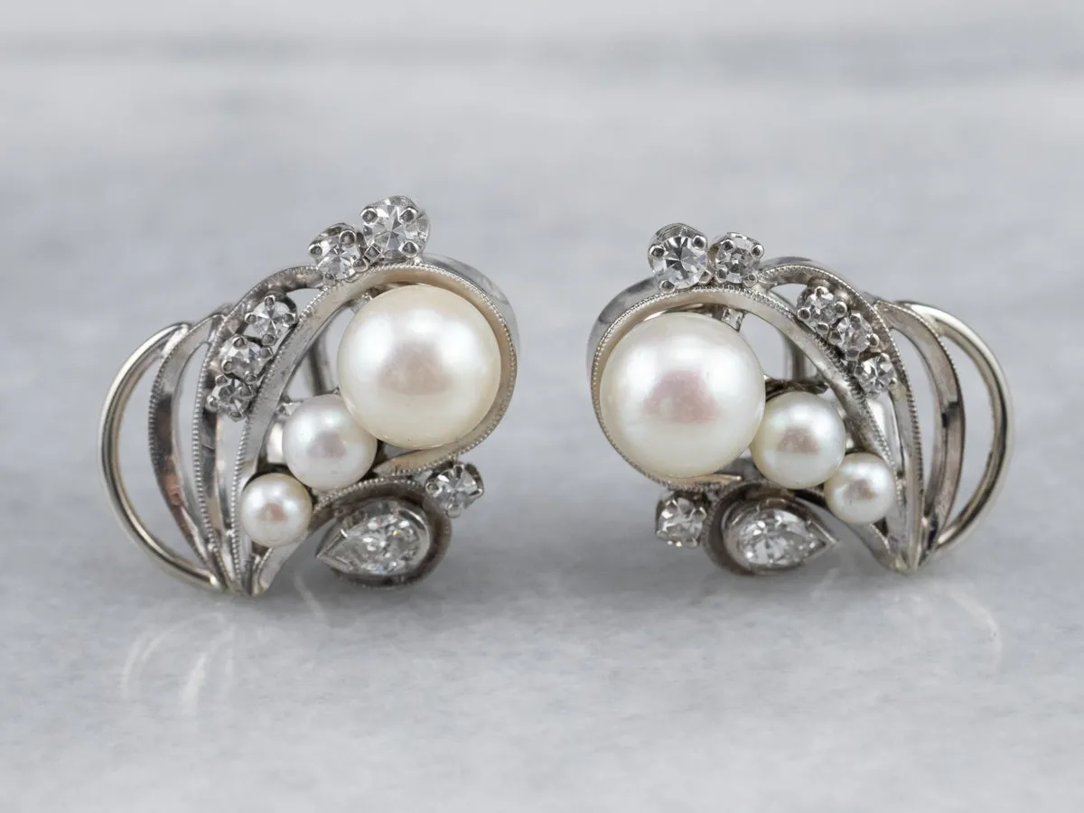 Retro Era Pearl and Diamond Stud Earrings