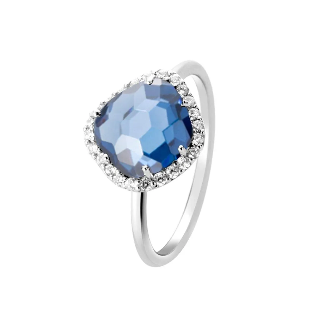 Rhodium-plated 925 silver ring assembled with blue quartz