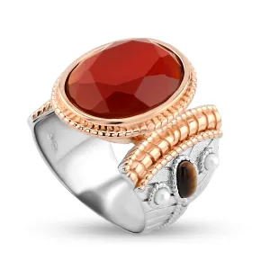 Ring in 925 Silver plated with Rhodium and 18k Rose Gold assembled with Red Onyx, Tiger Eye and Freshwater Pearl