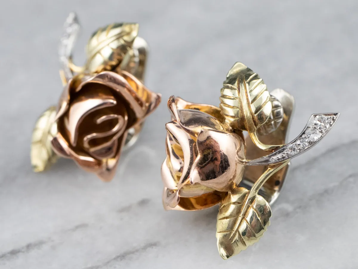 Rose Diamond and Gold Screw Back Earrings