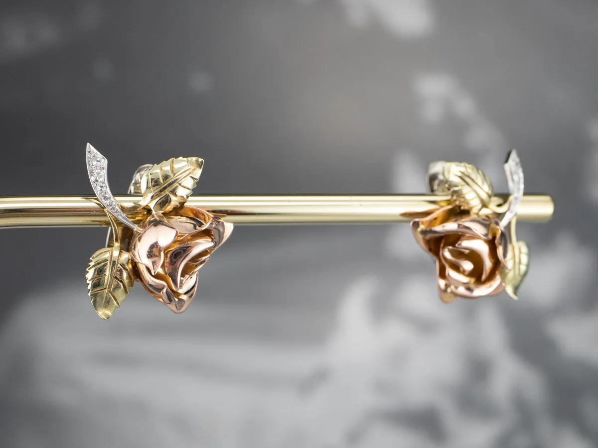 Rose Diamond and Gold Screw Back Earrings
