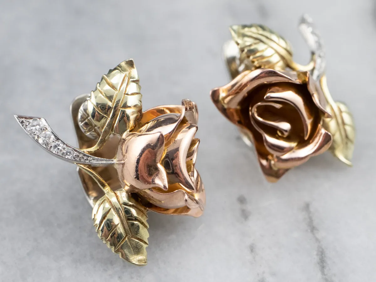 Rose Diamond and Gold Screw Back Earrings