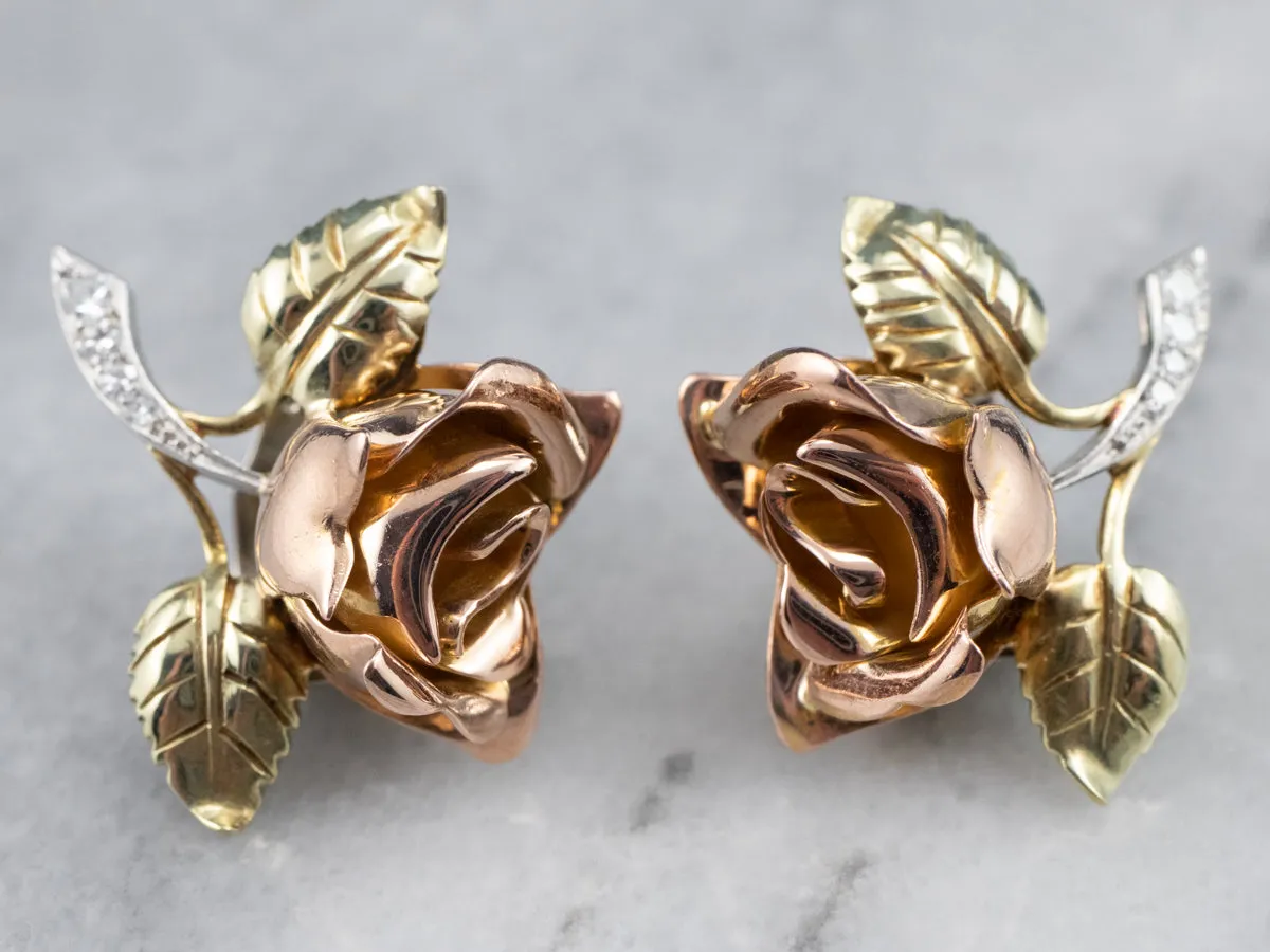 Rose Diamond and Gold Screw Back Earrings