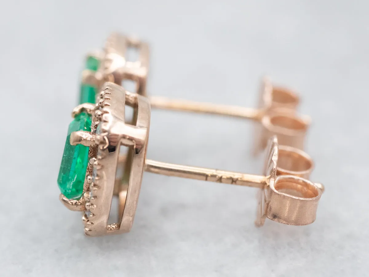 Rose Gold Emerald and Diamond Halo Stud Earrings