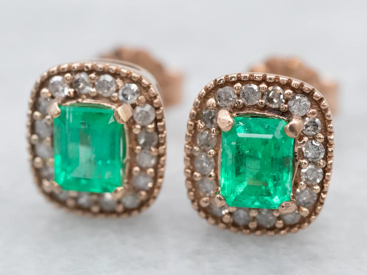 Rose Gold Emerald and Diamond Halo Stud Earrings