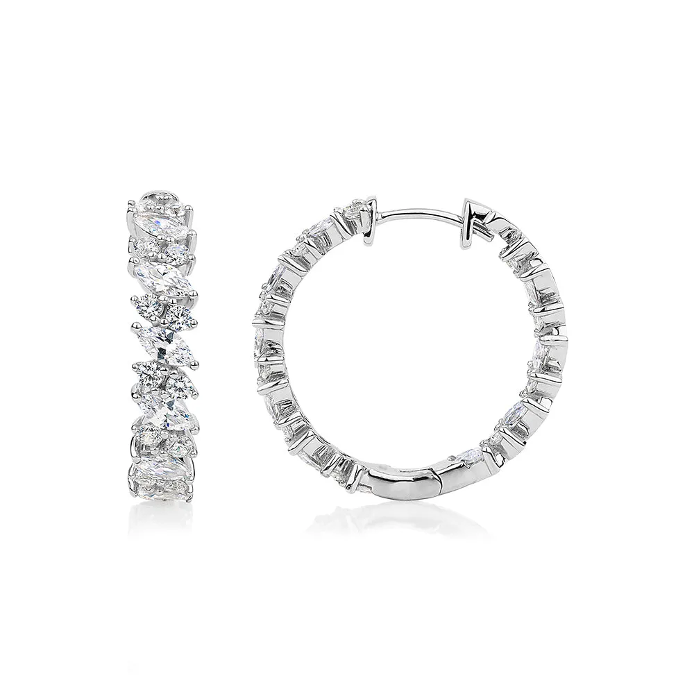 Round Brilliant and Marquise hoop earrings with 4 carats* of diamond simulants in sterling silver