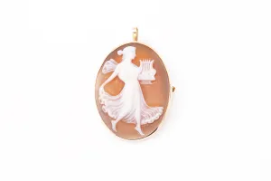 Sardonyx Cameo Lyre Erato Lady with Harp Lapel Pin Brooch 14k 585
