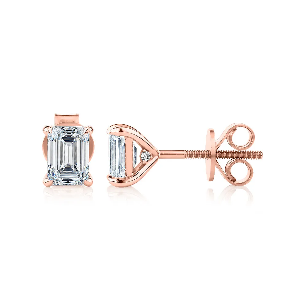 Signature Simulant Diamond 1.40 carat* TW emerald cut stud earrings in 14 carat rose gold