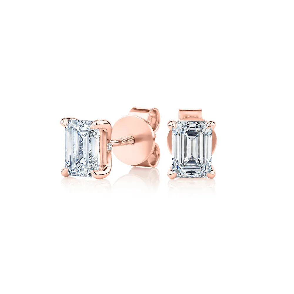 Signature Simulant Diamond 1.40 carat* TW emerald cut stud earrings in 14 carat rose gold