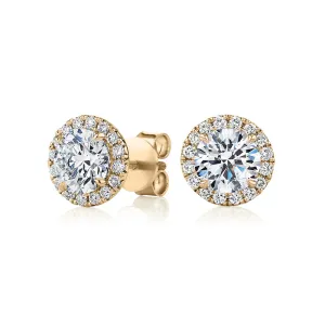 Signature Simulant Diamond 2.35 carat* TW round brilliant halo earrings in 14 carat yellow gold