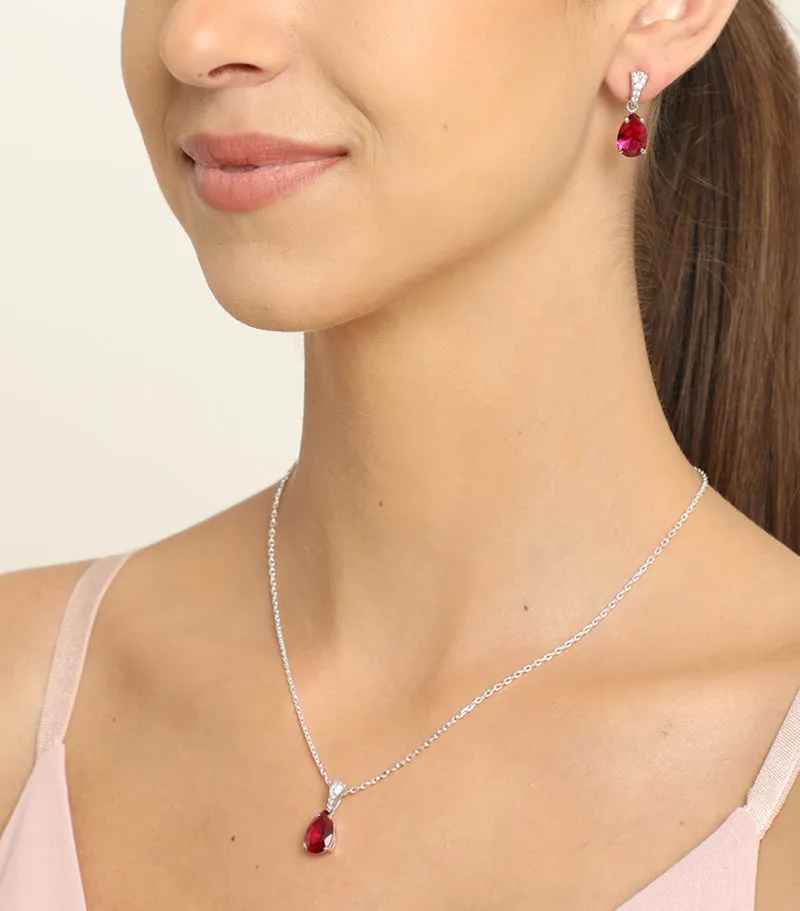 Silver Blood Red Tear Drop Jewellery Set
