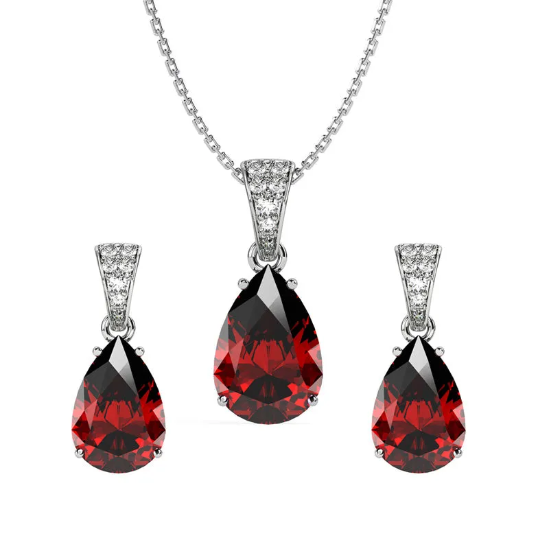 Silver Blood Red Tear Drop Jewellery Set
