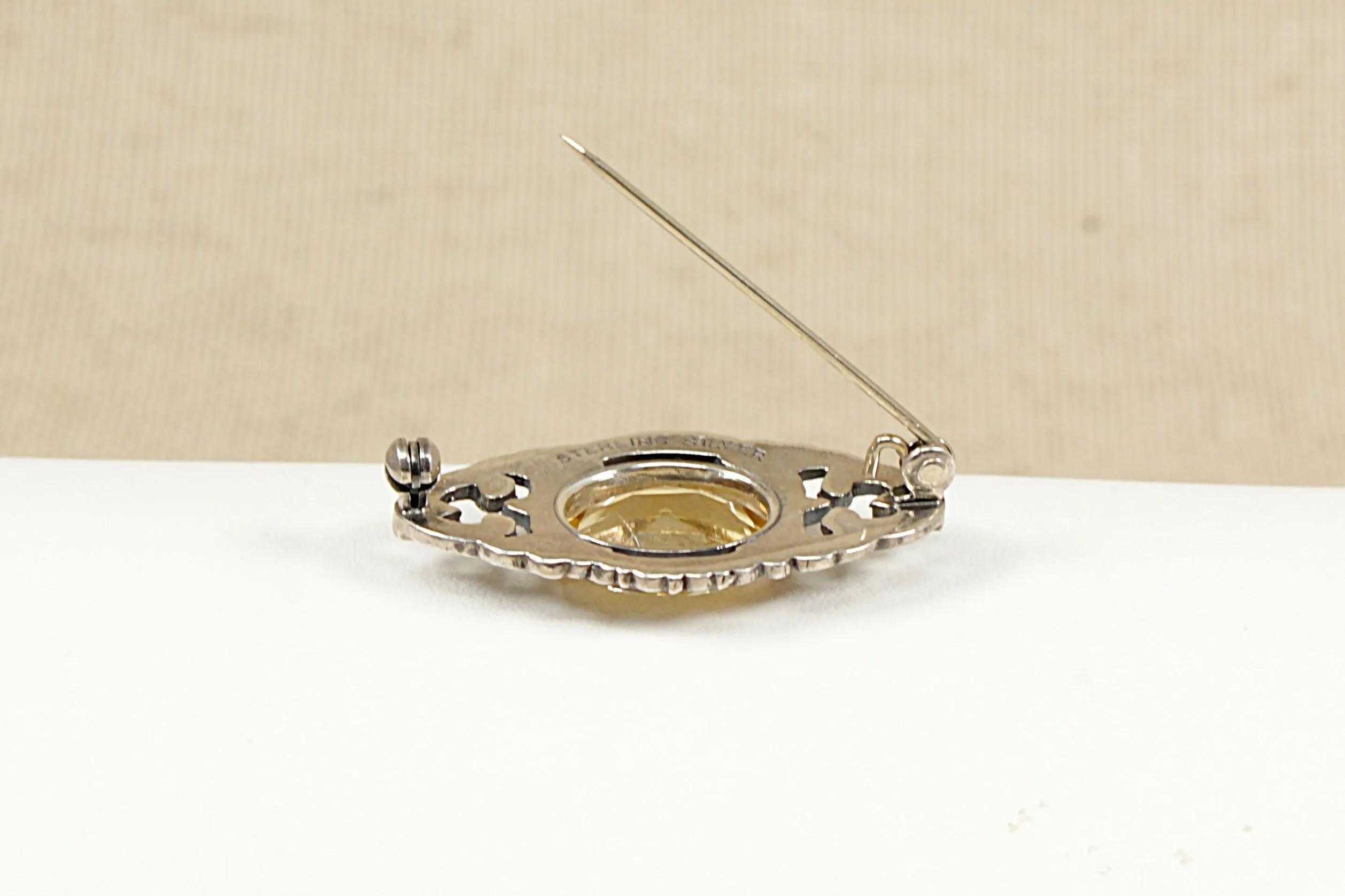 Silver Citrine and Marcasite Brooch
