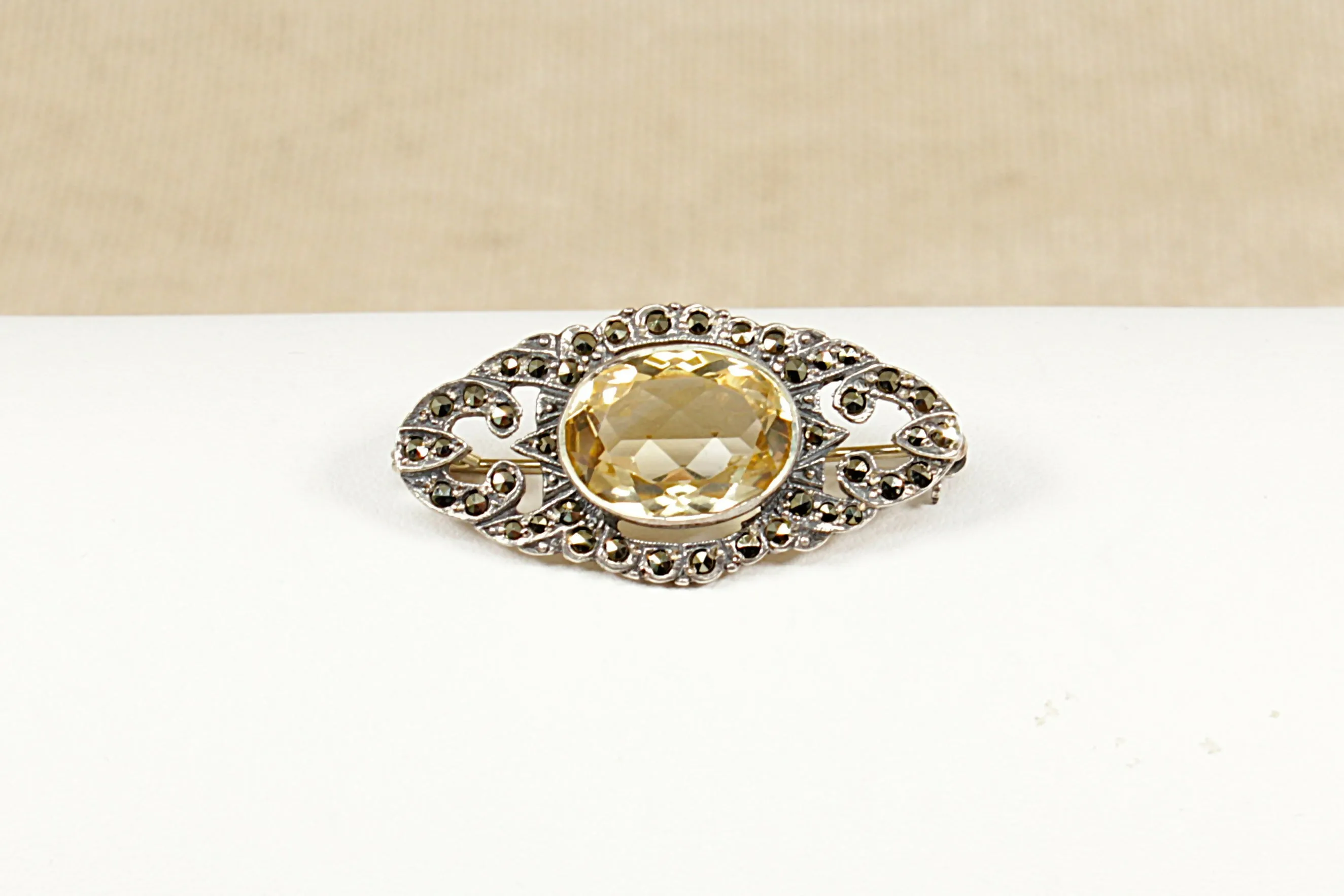 Silver Citrine and Marcasite Brooch