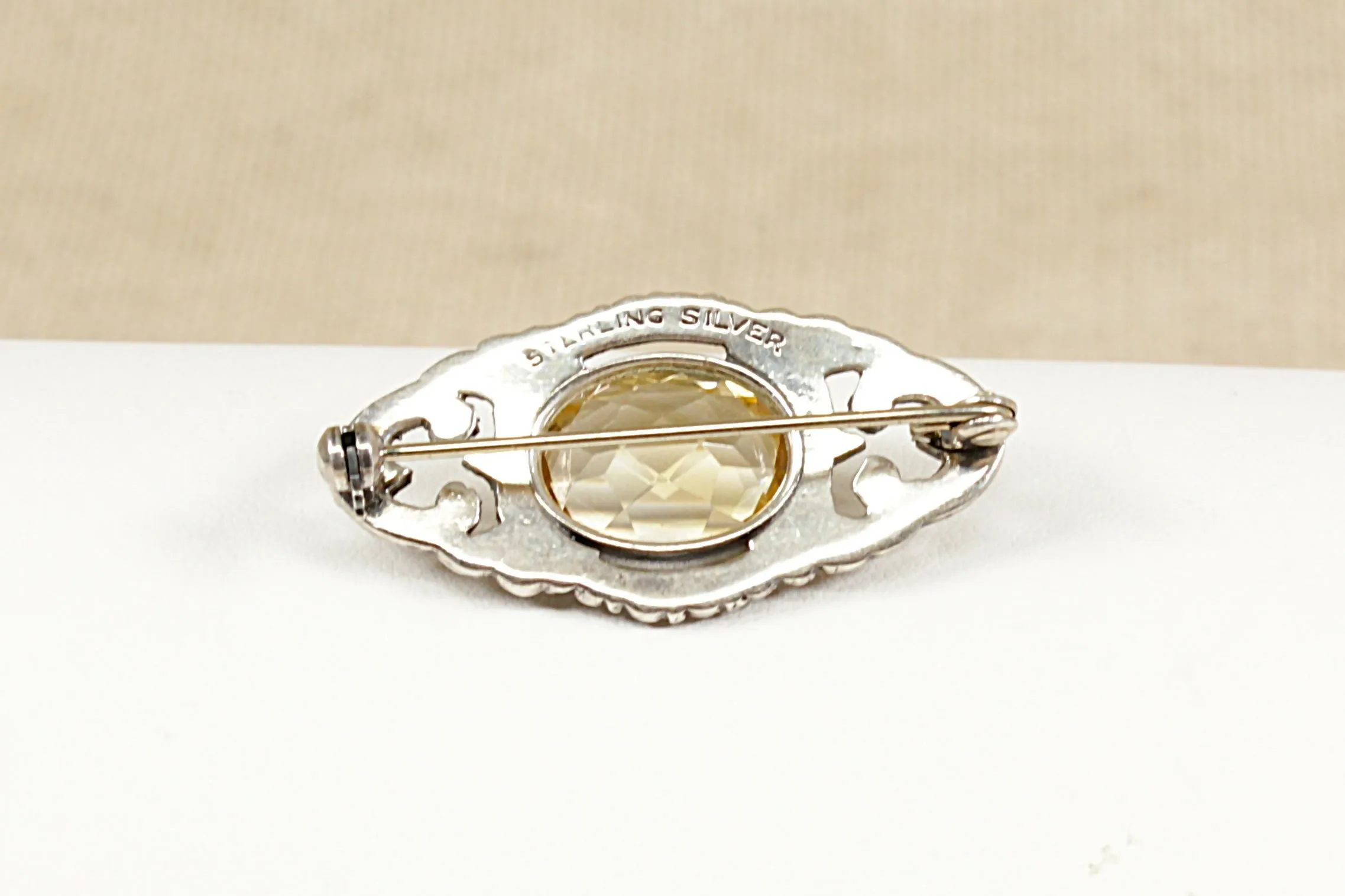 Silver Citrine and Marcasite Brooch